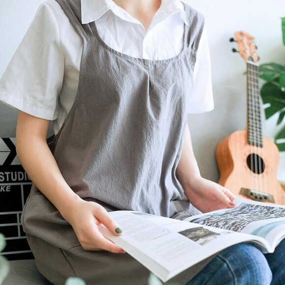 Japanese Apron Halter Cross Back Bandage X Shape Aprons Two Pockets Cotton Linen - Picture 2 of 9